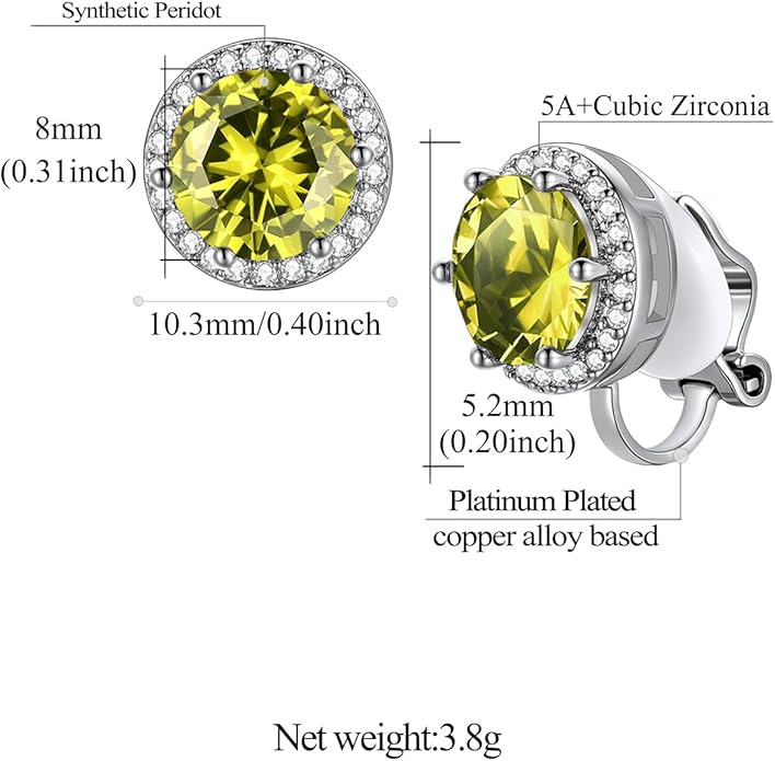 FindChic Sparkling Birthstone Clip On Earrings for Women, Silver Plated Stud Earrings 8MM Cubic Zirconia Non Pierced Studs, 12 Months Birthday Jewelry Gift