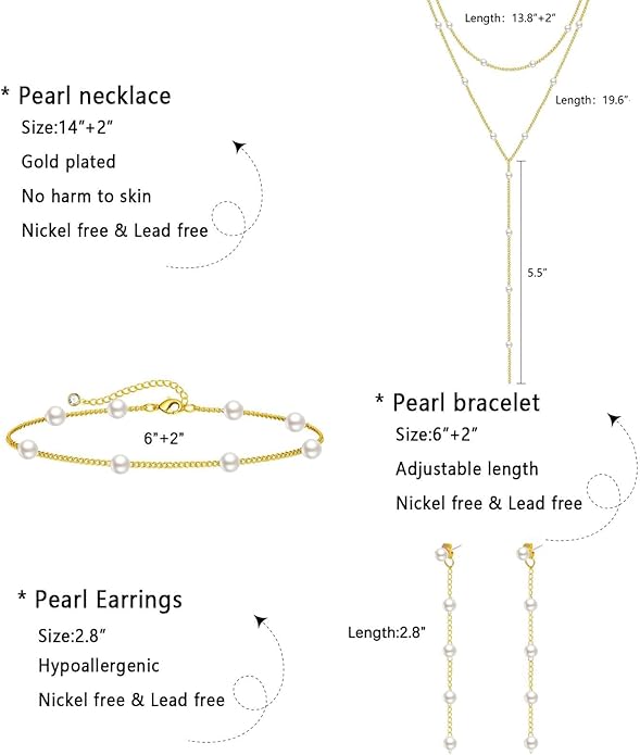 Zeffy Gold Pearl Necklace for Women, Dainty 14K Gold/Silve Plated Layered Pearl Choker Pearl Earrings Pearl Bracelets Wedding Trendy Gold Jewelry Set for Women Gifts