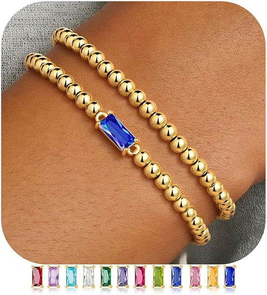 Ursteel Valentines Gifts for Her Kids Girls, Elastic Birthstone Bracelet for Women 14K-Gold-Plated Beaded Bracelet Non Tarnish Trendy Birthstone Jewelry Birthday Gifts for Women