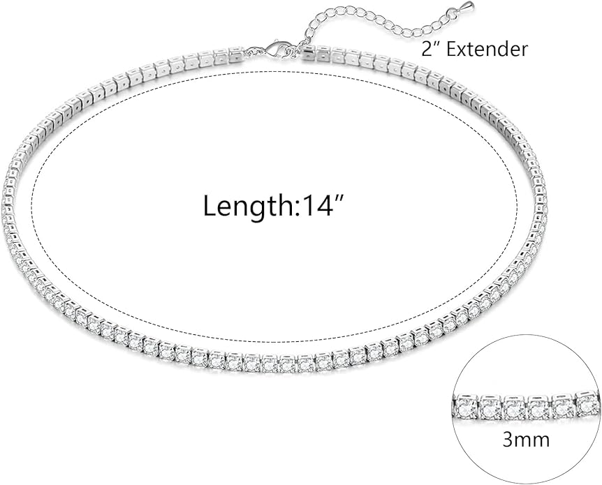 Tennis Necklace Bracelet for Women, Dainty Sterling Sliver Choker Necklace Crystal Link Bracelet Stud Earrings for Women Wedding Jewelry for Bride Jewelry Set Accessories