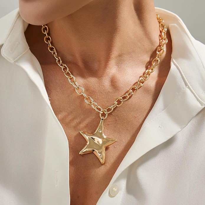 Large Star Necklace Chunky Gold Necklace for Women Trendy Silver Big Statement Necklaces Bold Thick Paperclip Necklaces OT Toggle Chunky Jewelry Holiday Christmas Jewelry Gifts Stocking Stuffers