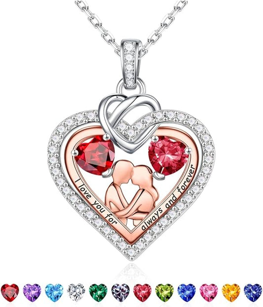 Iefil Valentines Day Gifts for Her - 925 Sterling Silver Double Heart Birthstone Necklace for Women, Anniversary Birthday Gifts for Wife I Love You Gift Couple Sitting Hugging Each Other Jewelry Gift