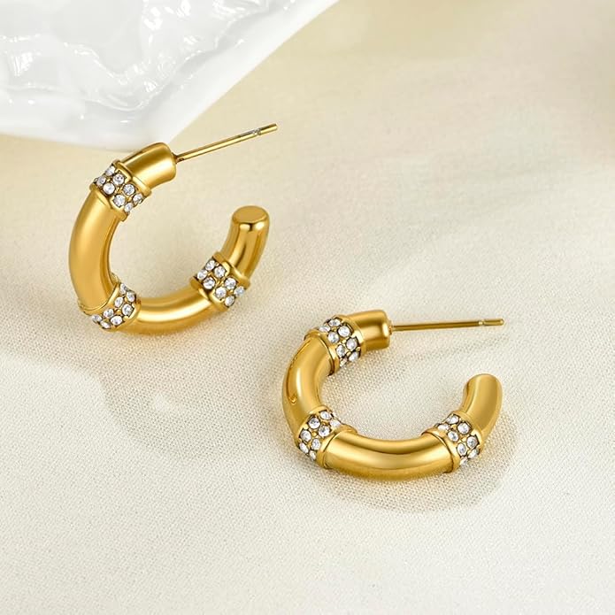 Gold Earrings for Women Girls,14K Gold Plated Hoop Earrings with 925 Sterling Silver Post Cubic Zirconia Stud Earring Huggie Hoops Earrings