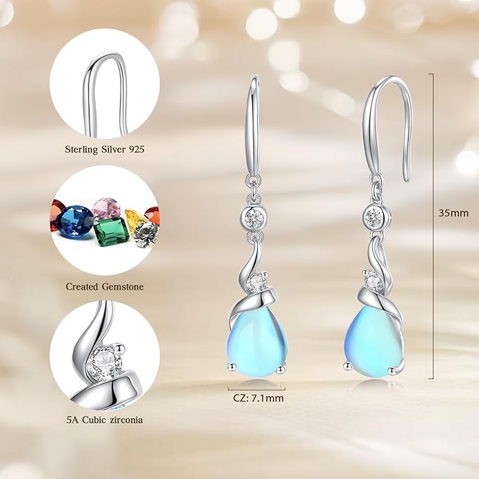 FANCIME Women Drop Earrings 925 Sterling Silver with Pear Gemstone Dangle Birthstone Earring Fine Jewelry Birthday Gifts for Women