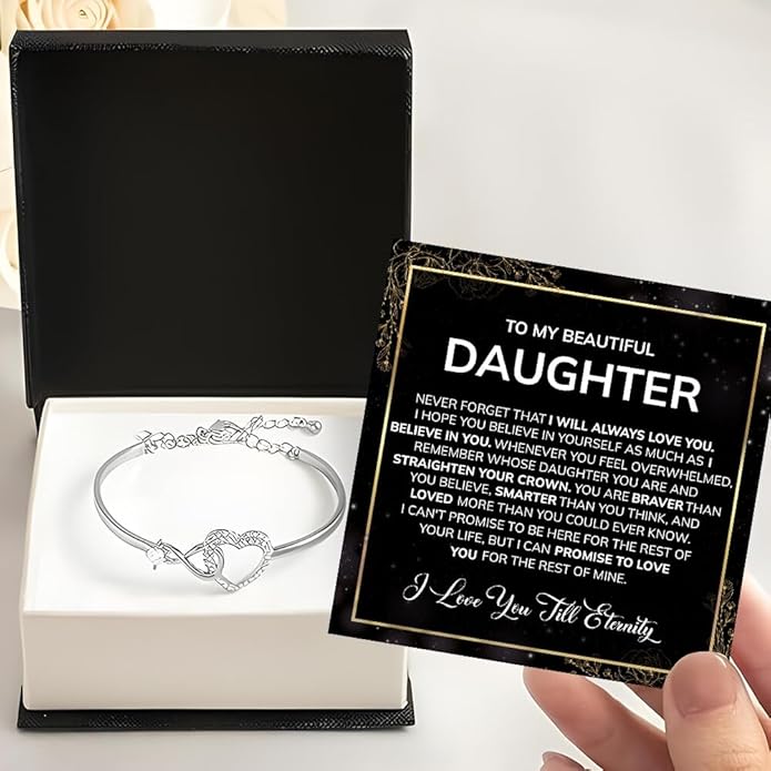 Daughter Infinity Heart Bracelet, Daughter Jewelry Gift From Mom or Dad with Message Card and Box Meaning