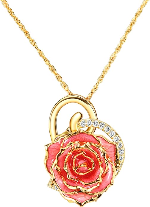AliveRose Real Rose Gold Dipped Necklace Gifts for Women, 24K Gold Dipped Rose Pendant Necklace Jewelry Mothers Day Anniversaries Birthday Christmas Special Occasions Gifts for Her Mom Wife
