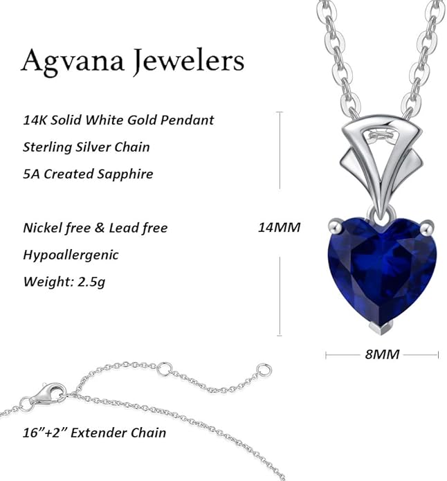 Agvana Valentines Day Gifts 14K White Gold Gemstone Pendant with Sterling Silver Chain 8mm Heart Birthstone Necklace for Women Fine Jewelry Anniversary Birthday Gifts for Women Mom Wife Girlfriend Her