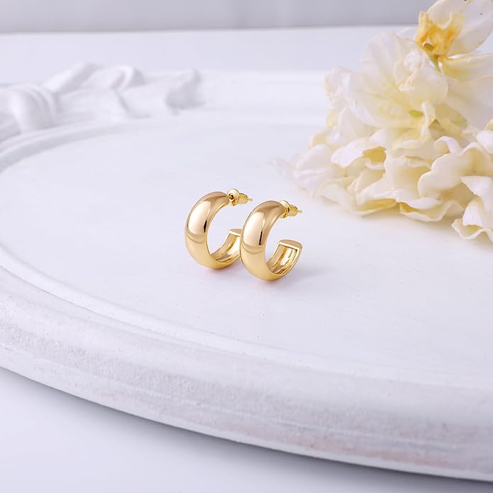 Gamicy Small 14K Gold Plated Hoop Earrings for Women with 925 Stering Silver Post, 14K Real Gold Plated Chunky Lightweight Hoops Earrings