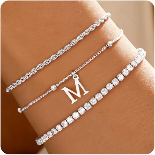 Valentines Day Gifts for Her Kids - Dainty Gold Bracelets for Women Personalized Gold/Silver Initial Bracelet Stack Stackable Rope Box Chain Tennis Bracelets for Girls Jewelry Set