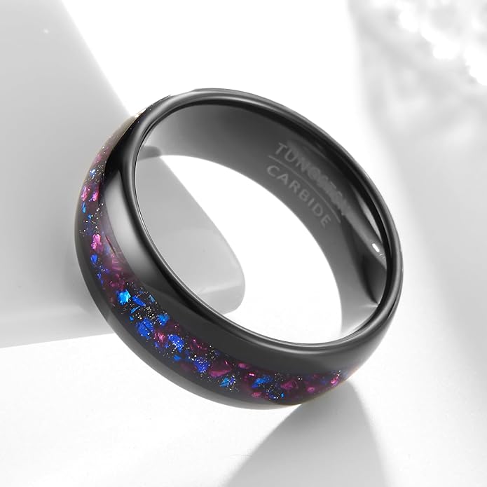 Women‘s Solid Opal-Effect Band Ring, Multicolor Inlay on Black Tungsten, 8mm Wide Substantial Ring