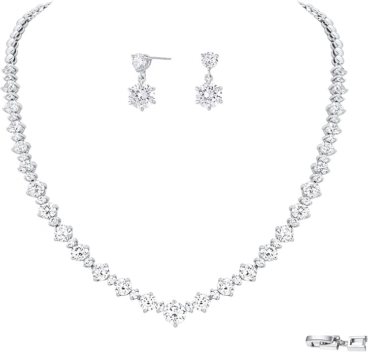 Wedding Jewelry Set For Women Bridal Brides Bridesmaid Classic Cubic Zirconia Necklace And Earrings For Prom Party