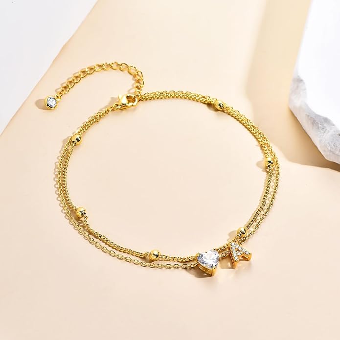 Ankle Bracelets for Women Waterproof 14K Gold Plated CZ Initial Anklet for Women Dainty Layered Letter Heart Ankle Bracelets Handmade Adjustable Foot Chain Anklet Summer Beach Jewelry