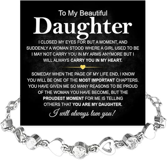 To My Daughter Bracelet, Silver Heart Chain Bracelet with Shiny Stones, Perfect Birthday or Graduation Christmas Gift for Daughter with Message Card and Gift Box