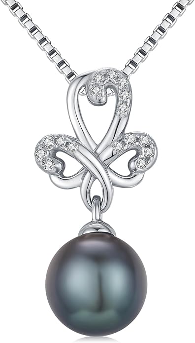 Tahitian Black Pearl 18K White Gold Plated Sterling Silver Heart/Infinity/Four Leaf Clover Pendant Necklace Jewelry Gifts for Women Wife Mom Girlfriend Wedding Birthday Anniversary Christmas