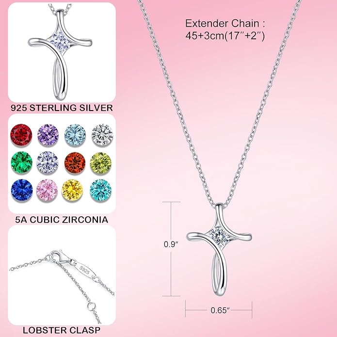 Cross Necklace for Women, 925 Sterling Silver Birthstone Necklace for Women with Diamond Sideways Cross Necklaces Birthstone Jewelry Birthday Gifts for Womens