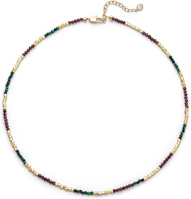 MTMY Beaded Gemstone Choker Necklace for Women, 14K Gold Plated Boho Colorful Natural Stone Bead Chain Necklace Summer Beach Handmade Jewelry