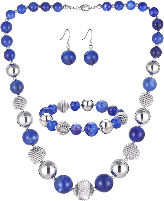 PEARL&CLUB Beaded Chunky Statement Necklace Earring and Bracelet Set Silver Metal Bead Fashion Jewelry Set Mothers’ Day Gifts for Women