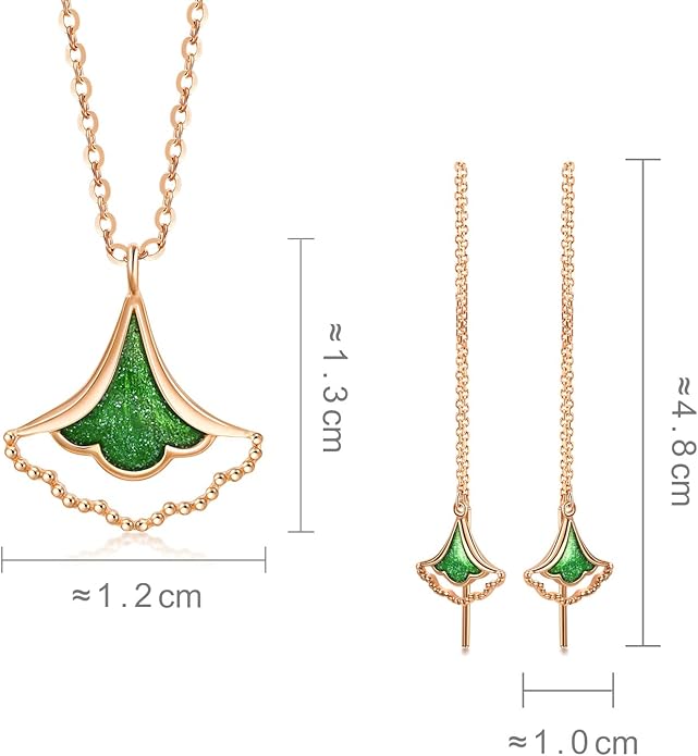 CHOW SANG SANG Delicate Gold 18K Rose Solid Gold Enamel Green Ginkgo Leaf Necklace and Earrings Jewelry Set with Limited Edition Jewelry Box 92255N 92255E
