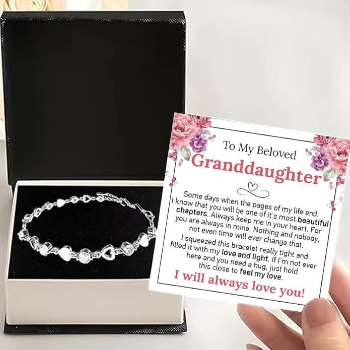 To My Granddaughter Bracelet from Grandma and Grandpa, Heart Chain Bracelet with Shiny Stones, Perfect Birthday or Graduation Christmas Gift for Granddaughter with Message Card and Gift Box
