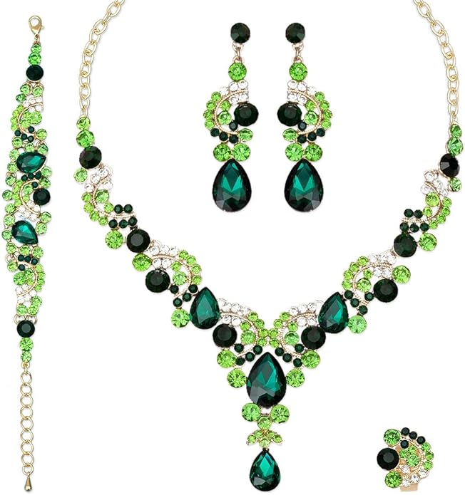 CSY Elegant Crystal Necklace Earrings Bracelet Ring Bridal Wedding Party Costume Jewelry Sets for Brides Women