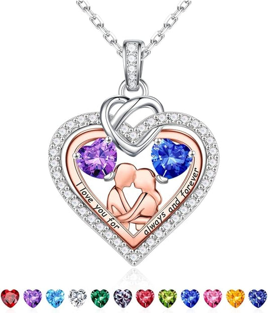 Iefil Valentines Day Gifts for Her - 925 Sterling Silver Double Heart Birthstone Necklace for Women, Anniversary Birthday Gifts for Wife I Love You Gift Couple Sitting Hugging Each Other Jewelry Gift