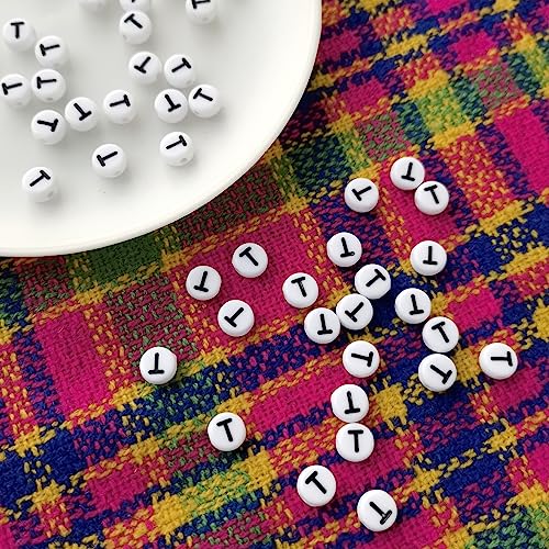 Amaney Letter Beads T 100pcs 7×4mm White Round Acrylic Black Alphabet for Jewelry Making - color: T