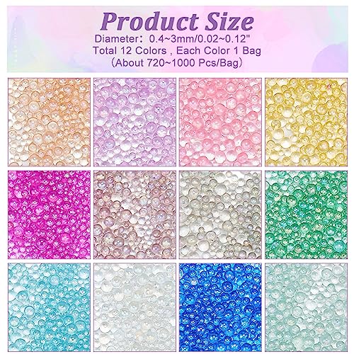 PH PandaHall 8640PCS Resin Bubble Beads, 12 Colors Round Glass Seed Beads Mini Iridescent Crystals for Resin Crafting and Nail Arts Jewelry Making, 0.43mm - color: 12 Colors
