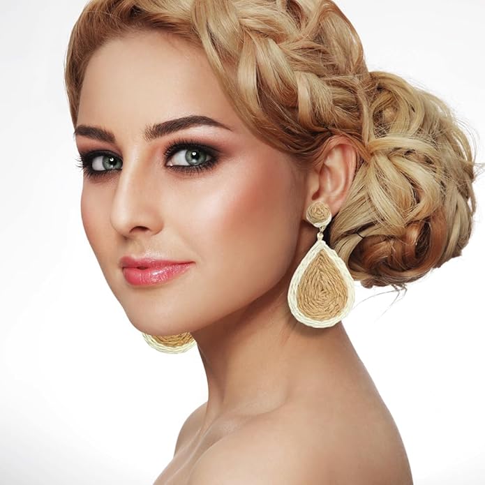 4 Pairs Handmade Raffia Rattan Bohemian Round Drop Dangle Earrings for Women, Boho Statement Cute Fun Hoop Earrings Set