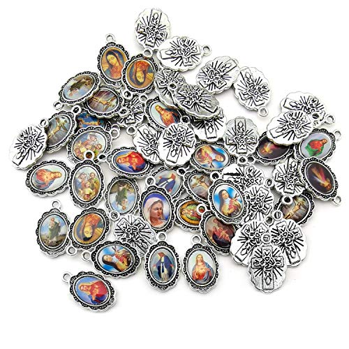 50pcs Antique Silver Picture Jesus Enamel Our Lady Miraculous Medal Floral Rosary Centerpiece Alloy Crucifix Cross Mother's Day Pendants Charms for Jewelry Making (M218) - color: M218-50