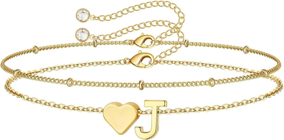 M MOOHAM Valentines Day Gifts for Kids Teen Girls -14K-Gold-Plated Heart Initial A-Z Bracelets for Women Girl Dainty Gold Bracelets Birthday Valentines Gifts for Women Her Teenage Girls Kid Teen Gift