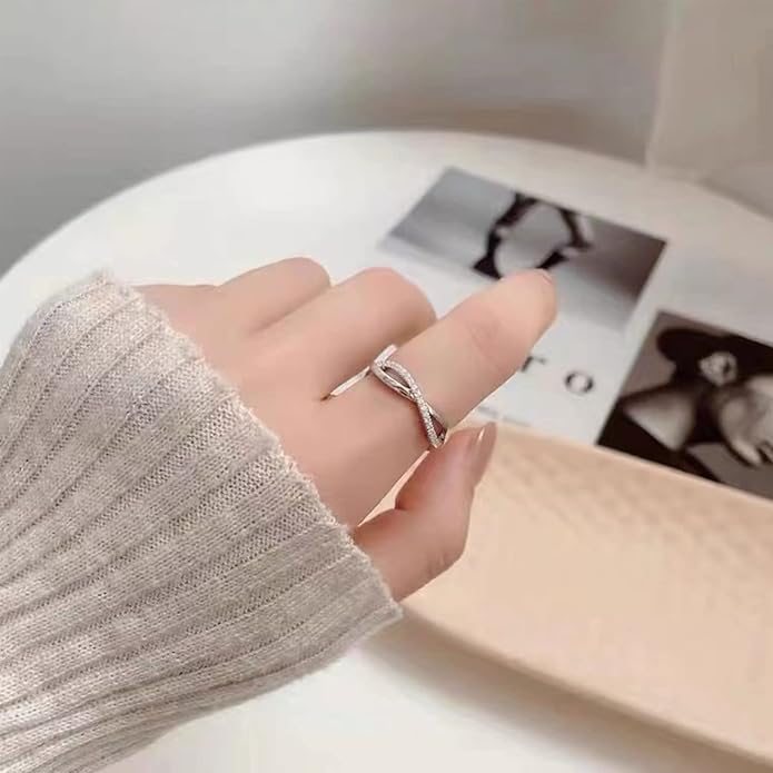 OOOPEL Sterling Silver Adjustable Ring S925 Silver Rings for Women Cubic Zirconia Twist Love Knot Dainty Ring Silver Minimalist Open Finger Rings Silver Thumb Sterling Silver Ring
