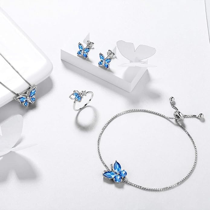 Aurora Tears Butterfly Jewelry,Women 925 Sterling Silver Butterflies Birthstone Pendant Necklace/Earrings/Rings Wedding Gift