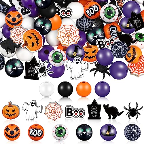 Tradder 200 Pieces Halloween Wood Beads Purple Orange Pumpkin Spider Black Cat Beads Craft for Halloween Home Decoration Jewelry Making DIY - style: Halloween