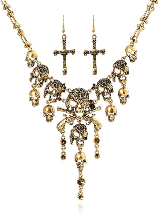 Jewelry Fashion Multi-Level Pirate Skull Tassel Charm Necklace Collar Bib for Women Horror Necklace Punk