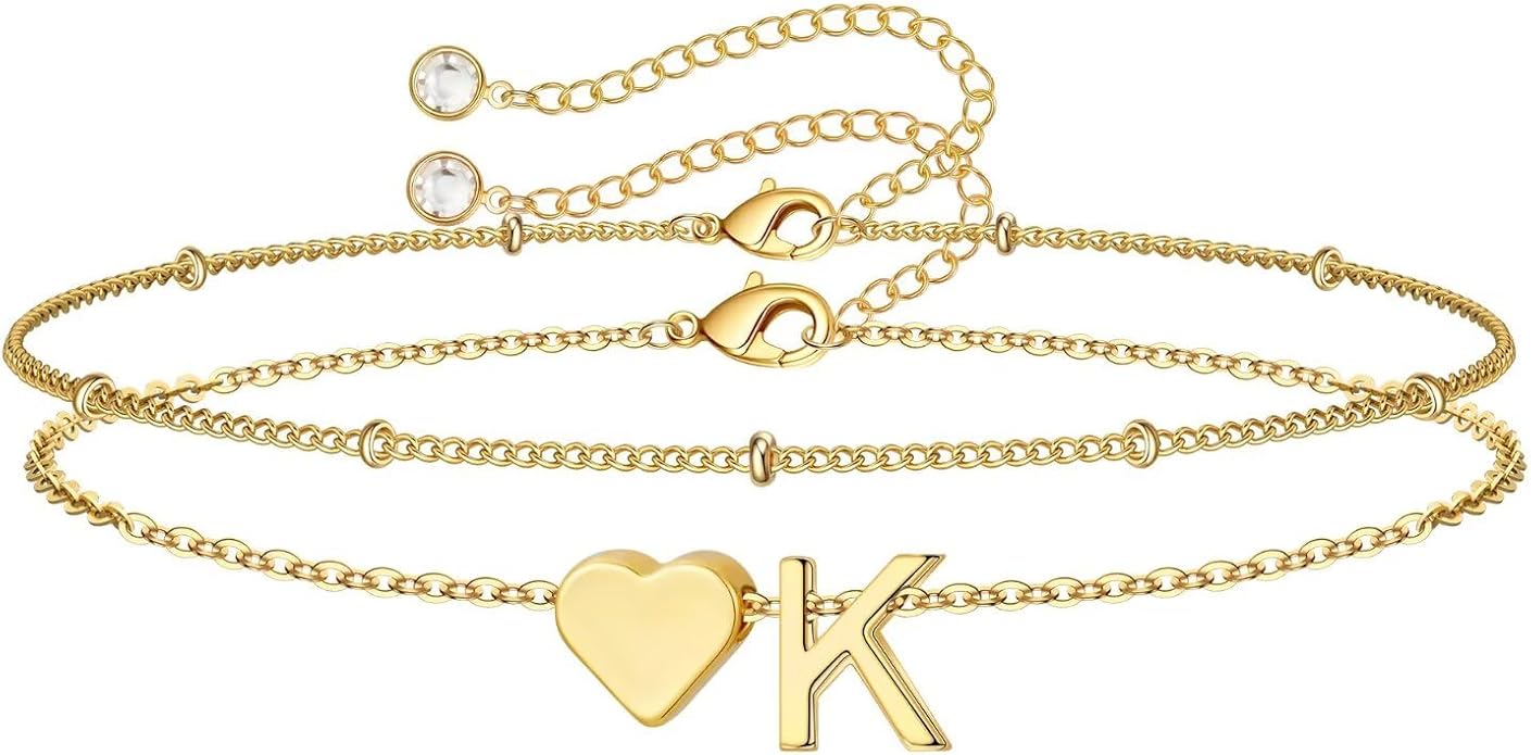 M MOOHAM Valentines Day Gifts for Kids Teen Girls -14K-Gold-Plated Heart Initial A-Z Bracelets for Women Girl Dainty Gold Bracelets Birthday Valentines Gifts for Women Her Teenage Girls Kid Teen Gift