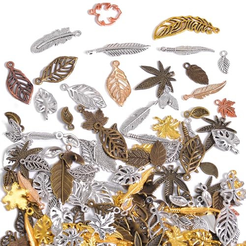 stino 100g Metal Pendant Charms for Jewelry Making, Bulk Silver & Gold Plated Charms for Braclet Necklace Crafts, Animal Plant Flower Pet and so on - color: Leaf Silver & Gold