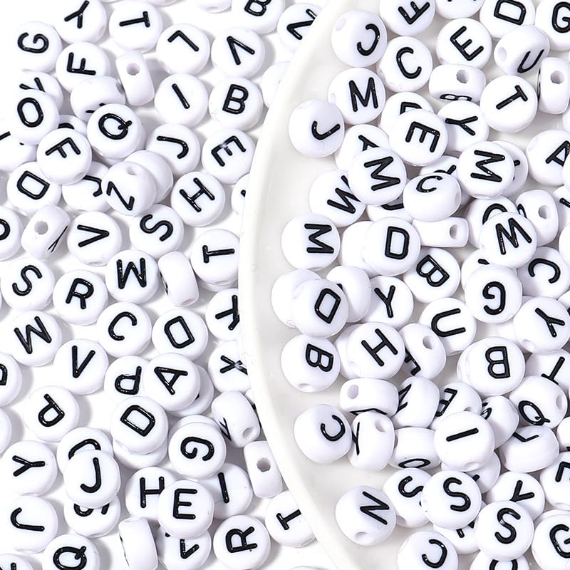 500 Pcs Black on White Alphabet Beads Round Acrylic Letter Beads 10mm White Letter Bead Alphabet A-Z Bead forJewelry Making DIY Friendship Bracelet Necklace Earrings - color: black-white
