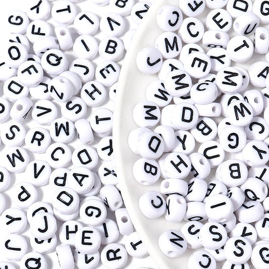 500 Pcs Black on White Alphabet Beads Round Acrylic Letter Beads 10mm White Letter Bead Alphabet A-Z Bead forJewelry Making DIY Friendship Bracelet Necklace Earrings - color: black-white