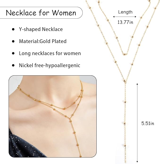 Necklace for Women, Dainty Long 14K Gold Y-Shaped Necklace Jewelry Trendy Beaded Layered Chain Drop Necklaces Jewelry Women Gifts