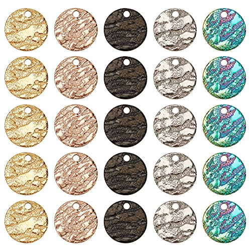 PH PandaHall 50pc 5 Colors 10.5mm Stainless Steel Flat Round Pendants, Blank Message Word Tag Pendants Round Charms with Textured Pattern for Bracelet Earring JewelryGift Making - size: 10.5mm