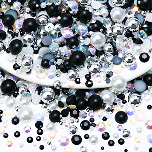 60g Flatback Pearls and Rhinestones for Crafts, Tumblers Shoes, Face Nail Art - 2mm-10mm Mix, Black|Silver|White - color: Black Diamond Blend | Mix Black | Silver | White