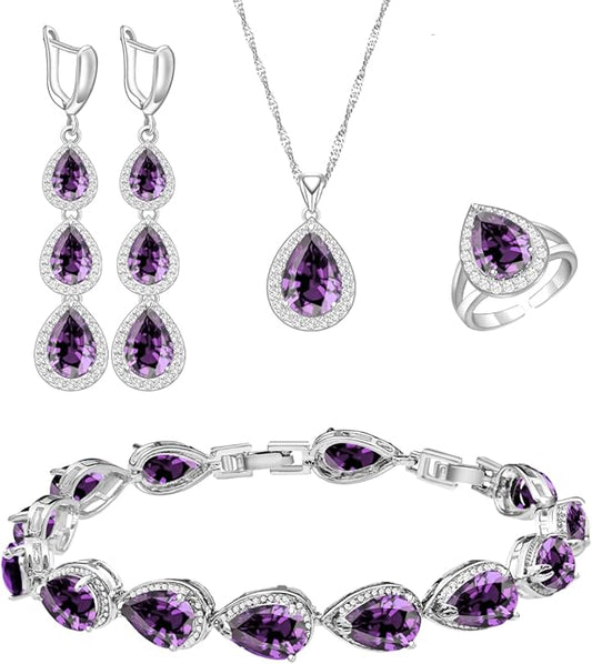 LMXXVJ Necklace Long Earrings Bracelet Set, White Gold Plated Created Blue Sapphire Jewelry Set Wedding Party Gift Jewelry for Women Bridal Bridesmaid