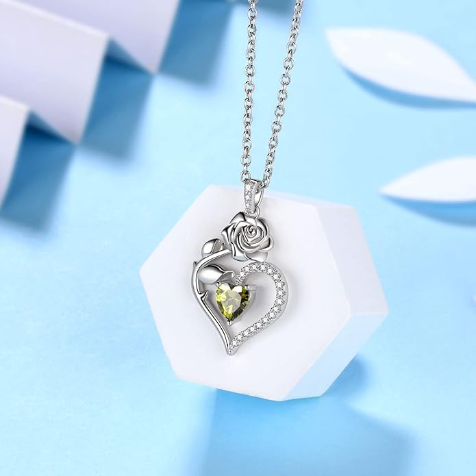 Jewmon Valentine Day Gifts for Her Rose Heart Birthstone Necklace for Women 925 Sterling Silver Birth Stone Flower Rose Necklace Anniversary Love GIfts for Girlfriend Wife Mom Birthday Gifts for Her