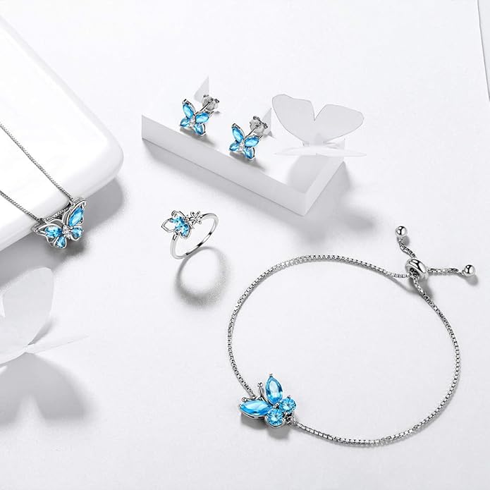 Aurora Tears Butterfly Jewelry,Women 925 Sterling Silver Butterflies Birthstone Pendant Necklace/Earrings/Rings Wedding Gift