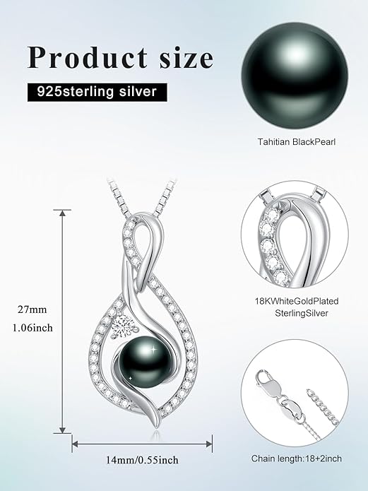 Tahitian Black Pearl 18K White Gold Plated Sterling Silver Heart/Infinity/Four Leaf Clover Pendant Necklace Jewelry Gifts for Women Wife Mom Girlfriend Wedding Birthday Anniversary Christmas