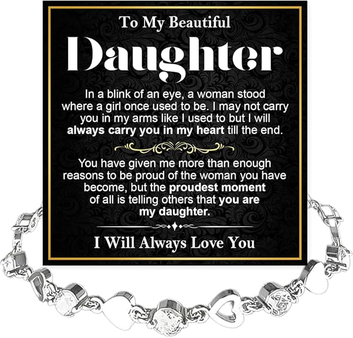 To My Daughter Bracelet, Silver Heart Chain Bracelet with Shiny Stones, Perfect Birthday or Graduation Christmas Gift for Daughter with Message Card and Gift Box
