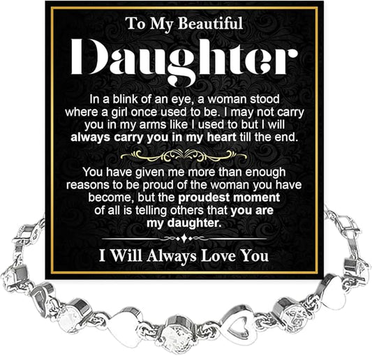 To My Daughter Bracelet, Silver Heart Chain Bracelet with Shiny Stones, Perfect Birthday or Graduation Christmas Gift for Daughter with Message Card and Gift Box