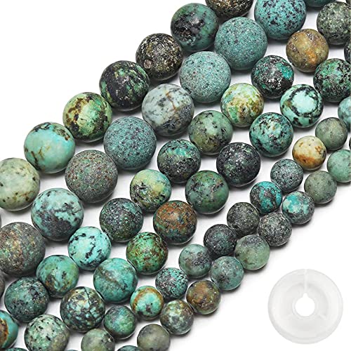 Natural Matte African Turquoise Beads, 8MM Round Frosted Unpolished Loose Gemstone Beads for Bracelet Necklace Jewelry Making, Energy Stone Healing Power with Stretch Beading Cord - color: Matte African Turquoise, size: 8MM