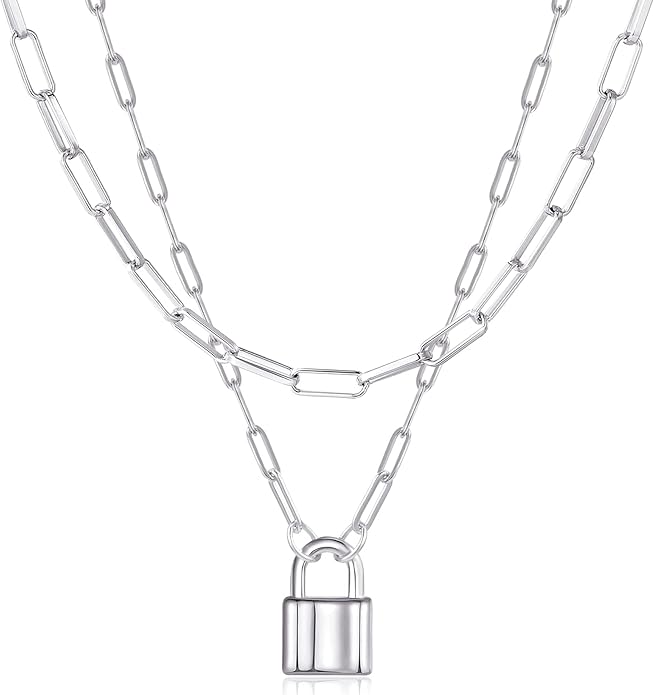 BOUTIQUELOVIN 14K Gold Plated Lock Necklace for Women Paperclip Link Chain Padlock Necklace Non-Tarnish