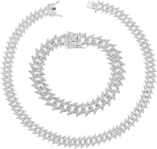 HH BLING EMPIRE 14k Gold/Silver Cuban Link Chain for Women Iced Out Diamond Chunky Cuban Link Necklace Chain Bracelet 2pcs Sets